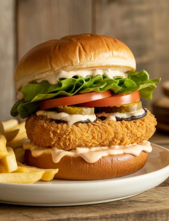 Fried portobello mushroom sandwich with crispy breading, lettuce, tomato, and sauce on toasted bun