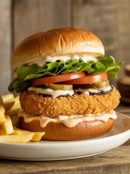 Fried portobello mushroom sandwich with crispy breading, lettuce, tomato, and sauce on toasted bun