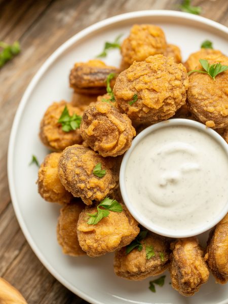 Crispy golden fried mushrooms with ranch dressing for dipping garnished with parsley