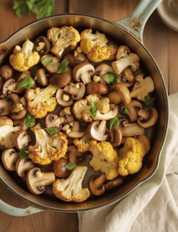 Garlic cauliflower mushroom skillet in a large pan with golden-brown cauliflower florets, sautéed mushrooms, and fresh parsley garnish