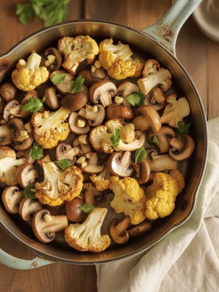 Garlic cauliflower mushroom skillet in a large pan with golden-brown cauliflower florets, sautéed mushrooms, and fresh parsley garnish