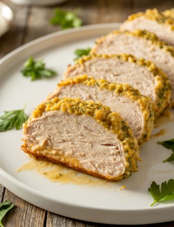 Sliced garlic parm chicken meatloaf with golden garlic parmesan crust showing moist tender interior