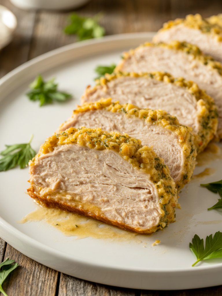 Sliced garlic parm chicken meatloaf with golden garlic parmesan crust showing moist tender interior
