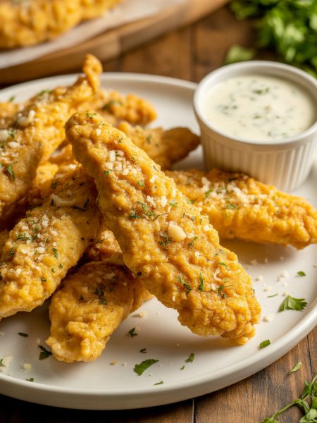 Crispy golden garlic parm chicken tenders coated in garlic parmesan butter sauce with parsley garnish
