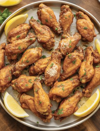 Extra crispy garlic parmesan chicken wings coated in glossy butter sauce garnished with fresh parsley and parmesan