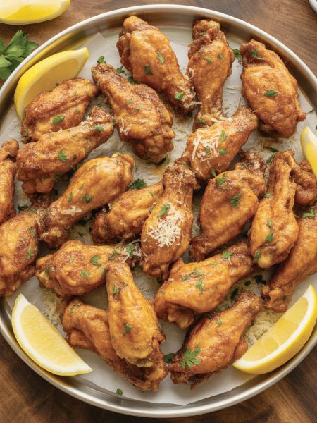 Extra crispy garlic parmesan chicken wings coated in glossy butter sauce garnished with fresh parsley and parmesan