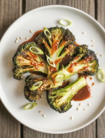 Crispy gochujang broccoli with sesame seeds and green onions on a white plate