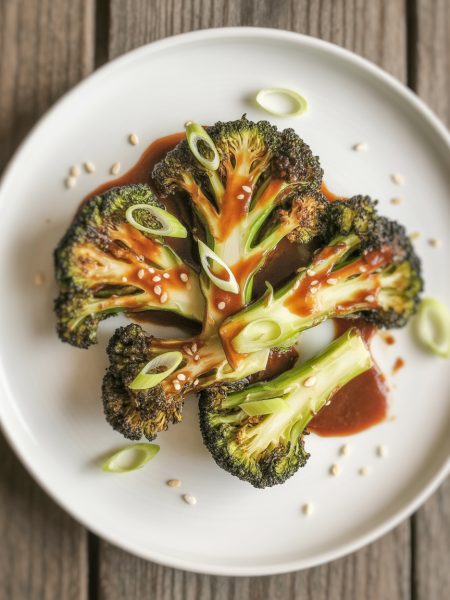 Crispy gochujang broccoli with sesame seeds and green onions on a white plate