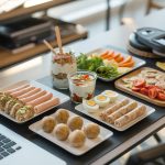 Assortment of healthy high protein snacks arranged on office desk including yogurt parfait, eggs, and protein balls