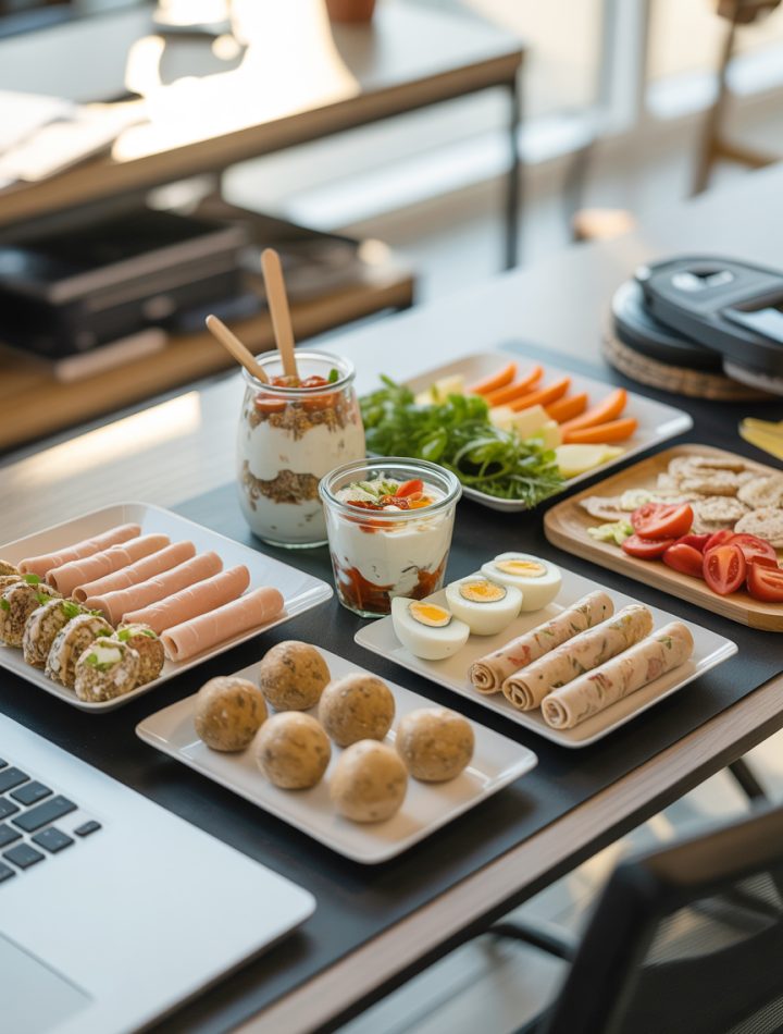 Assortment of healthy high protein snacks arranged on office desk including yogurt parfait, eggs, and protein balls