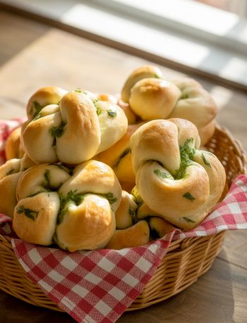 Basket of golden-brown homemade garlic knots brushed with garlic butter and parsley