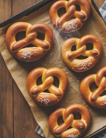 Golden-brown homemade soft pretzels on a baking sheet brushed with butter and topped with coarse salt