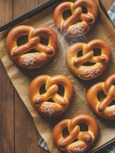 Golden-brown homemade soft pretzels on a baking sheet brushed with butter and topped with coarse salt
