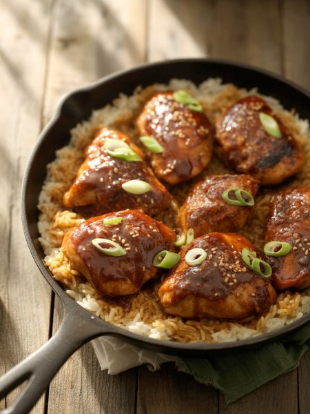 One-pan honey BBQ chicken and rice with glazed chicken pieces over fluffy rice garnished with green onions