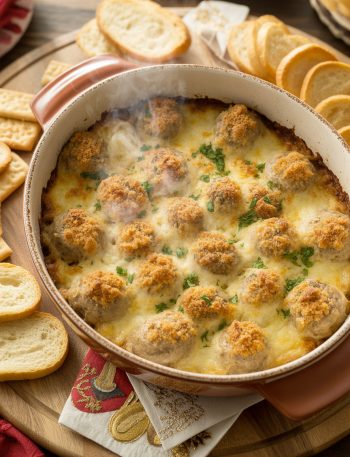 Hot stuffed mushroom dip in baking dish with golden melted cheese topping and toasted bread for dipping