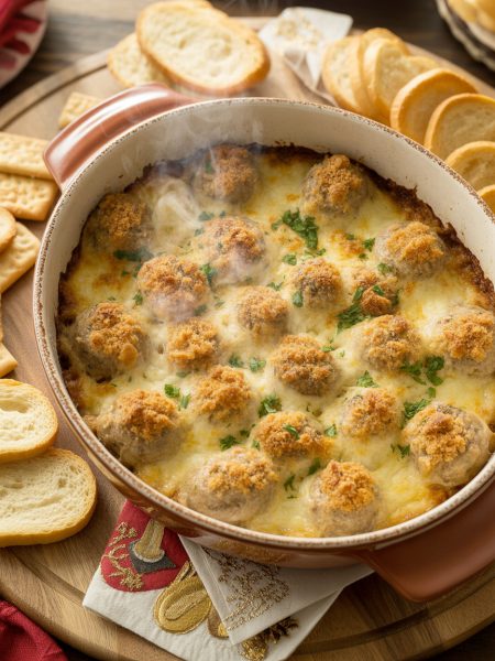 Hot stuffed mushroom dip in baking dish with golden melted cheese topping and toasted bread for dipping