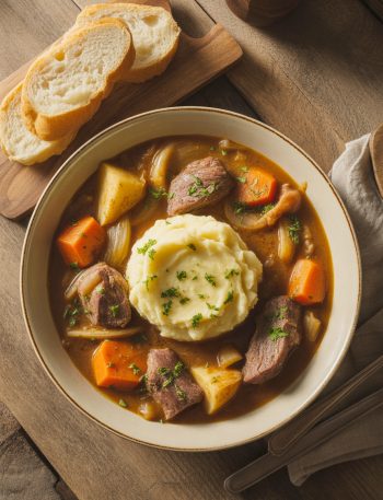 Traditional Irish stew with tender meat and vegetables in rich brown gravy served over creamy mashed potatoes