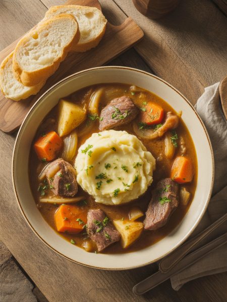 Traditional Irish stew with tender meat and vegetables in rich brown gravy served over creamy mashed potatoes