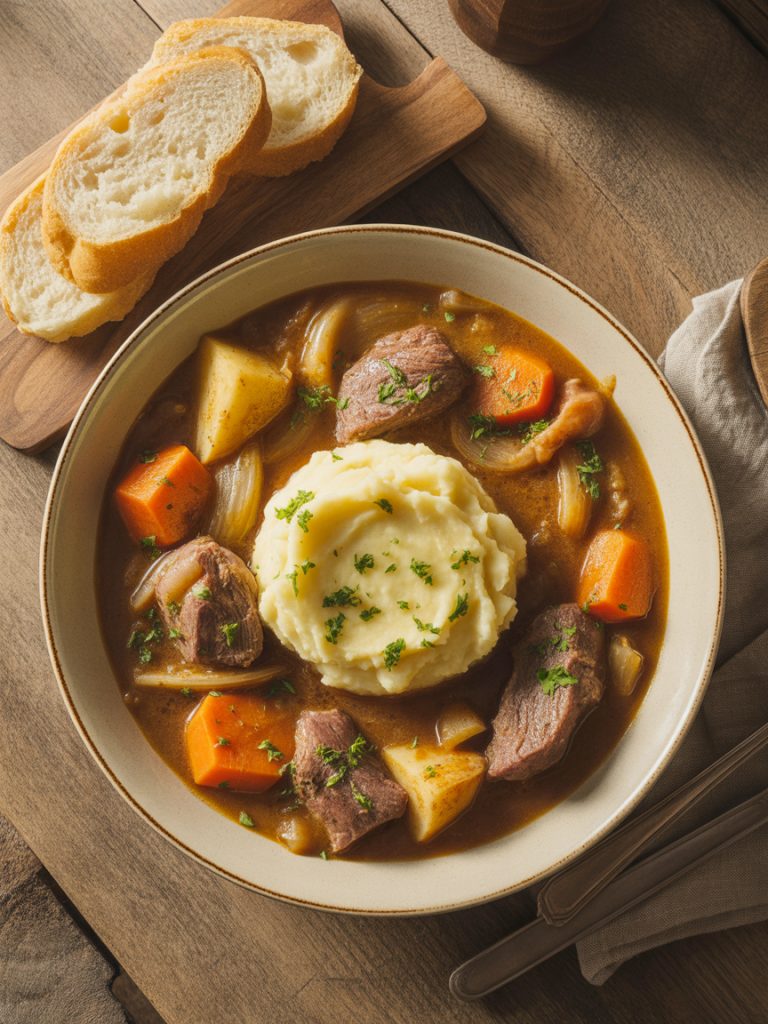 Traditional Irish stew with tender meat and vegetables in rich brown gravy served over creamy mashed potatoes