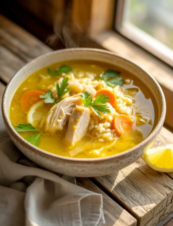 Golden turmeric chicken rice soup with lemon and fresh herbs in rustic bowl