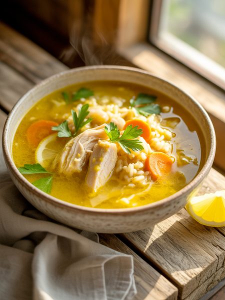 Golden turmeric chicken rice soup with lemon and fresh herbs in rustic bowl
