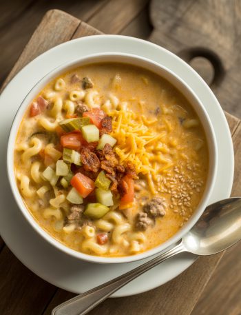 Creamy macaroni cheeseburger soup in a bowl topped with shredded cheddar, diced tomatoes, pickles, and bacon