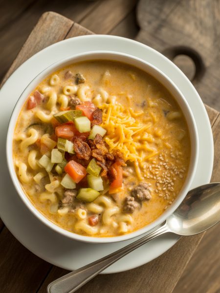 Creamy macaroni cheeseburger soup in a bowl topped with shredded cheddar, diced tomatoes, pickles, and bacon
