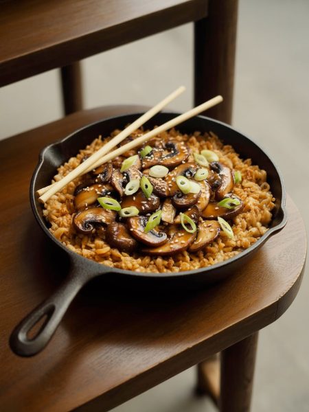 Crispy rice with golden crust topped with miso-glazed mushrooms, green onions, and sesame seeds in skillet