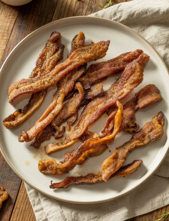 Crispy smoky mushroom bacon strips arranged on white plate looking like real bacon