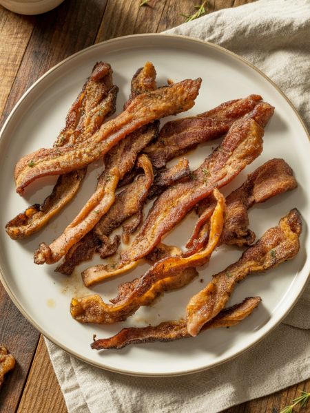 Crispy smoky mushroom bacon strips arranged on white plate looking like real bacon