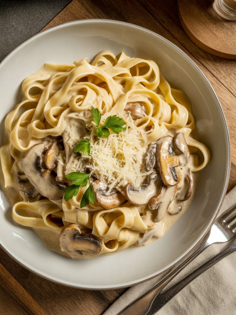 Creamy mushroom pasta with fettuccine in a white bowl topped with parmesan cheese and fresh parsley