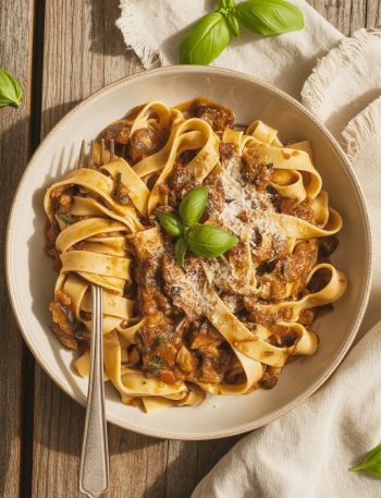 Rich mushroom ragu sauce served over pappardelle pasta in a rustic bowl with fresh basil and parmesan