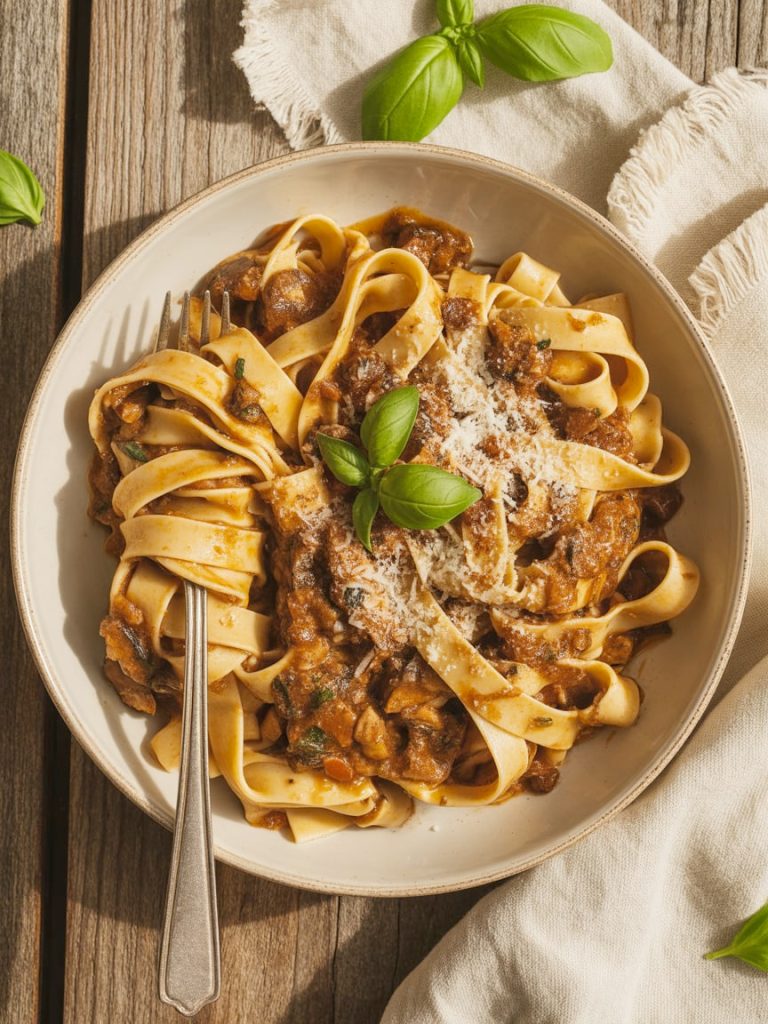 Rich mushroom ragu sauce served over pappardelle pasta in a rustic bowl with fresh basil and parmesan