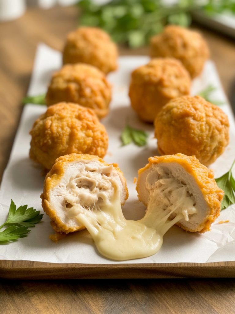 Golden Parmesan chicken bombs on platter with one cut open showing melted cheese inside