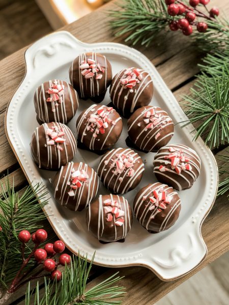 Chocolate-coated peppermint Oreo balls topped with crushed candy canes on festive holiday platter
