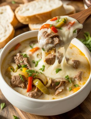 Creamy Philly cheesesteak soup with beef, peppers, onions, and melted provolone cheese in white bowl