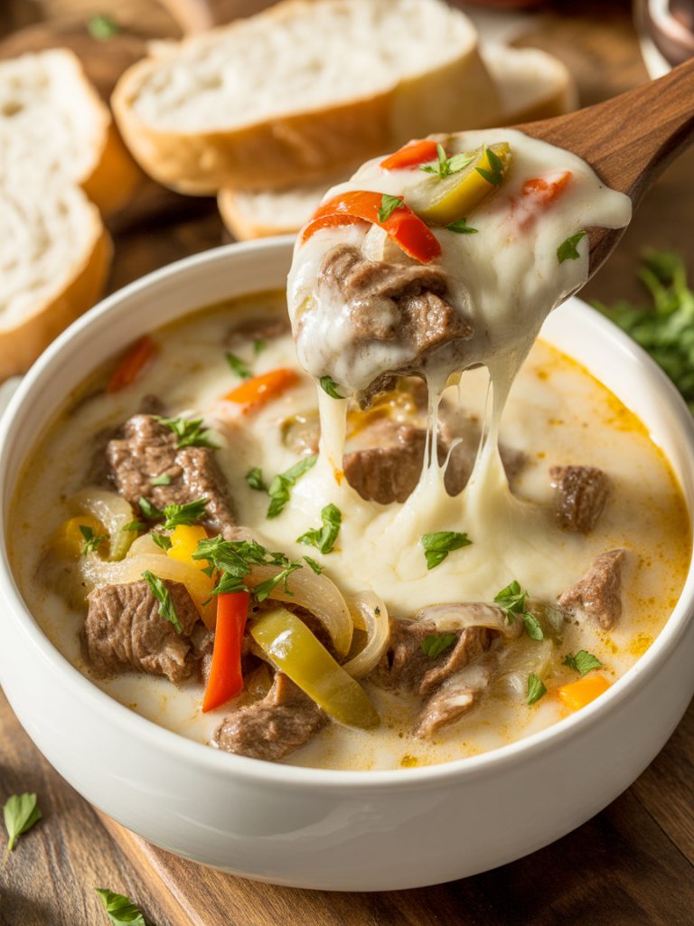 Creamy Philly cheesesteak soup with beef, peppers, onions, and melted provolone cheese in white bowl