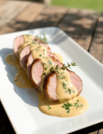 Sliced pork tenderloin with creamy Dijon mustard sauce on white plate