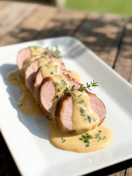 Sliced pork tenderloin with creamy Dijon mustard sauce on white plate