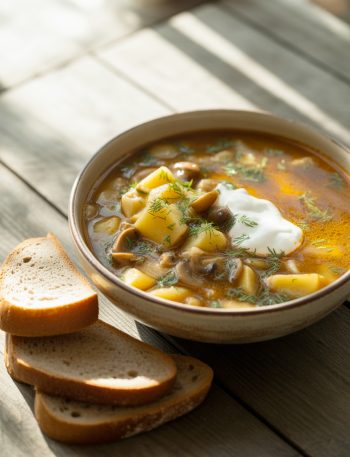 Bowl of Russian mushroom potato soup with sour cream, dill and rye bread