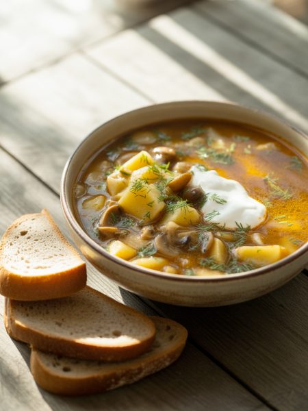 Bowl of Russian mushroom potato soup with sour cream, dill and rye bread