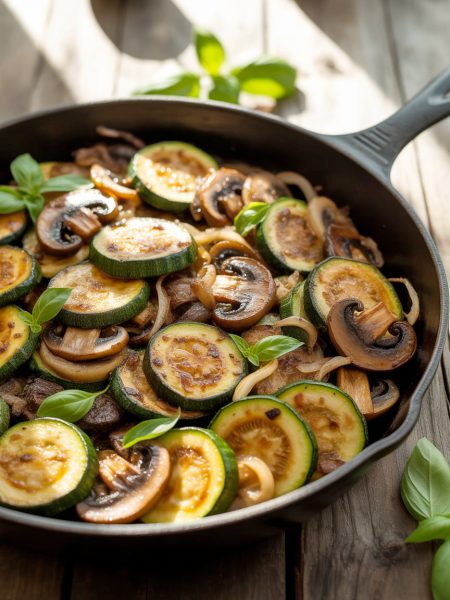 Skillet of sautéed zucchini, mushrooms and onions with caramelized edges and fresh herbs