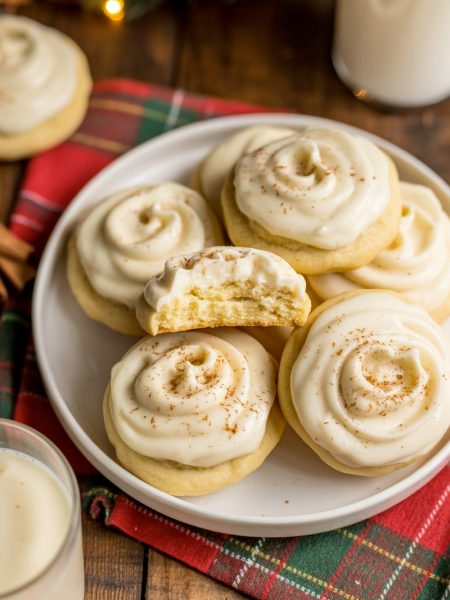 Soft eggnog cookies topped with creamy eggnog frosting and nutmeg on festive holiday plate