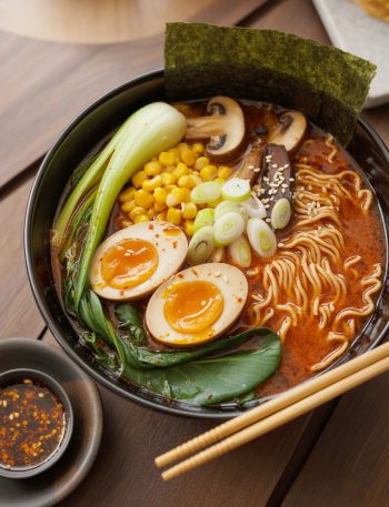 Spicy miso ramen in bowl with soft-boiled egg, vegetables, nori, and toppings with steam rising
