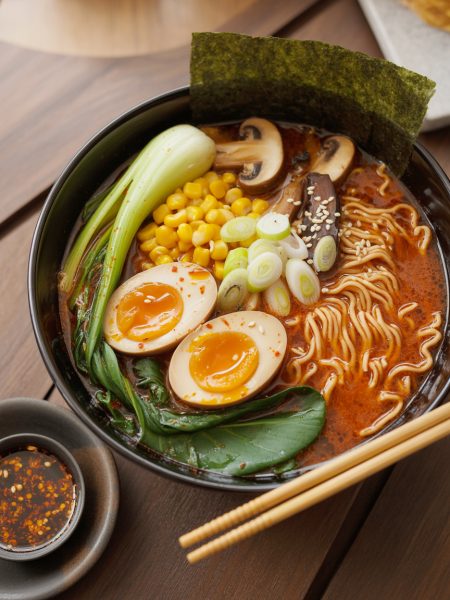 Spicy miso ramen in bowl with soft-boiled egg, vegetables, nori, and toppings with steam rising