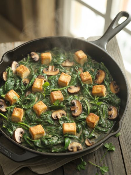 Spinach sautéed mushrooms with crispy tofu in cast iron skillet garnished with fresh parsley