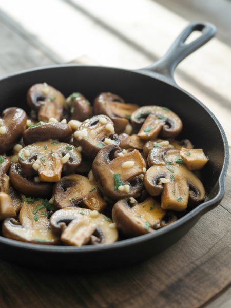 Cast iron skillet filled with golden sautéed mushrooms in garlic butter with fresh herbs