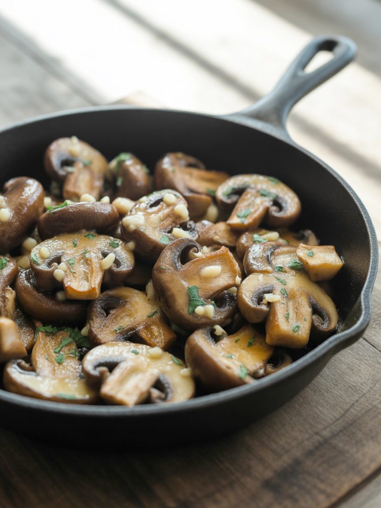 Cast iron skillet filled with golden sautéed mushrooms in garlic butter with fresh herbs