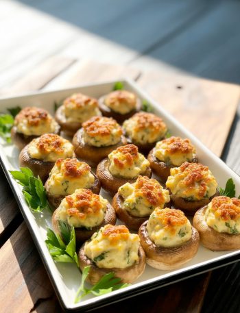 Platter of golden-brown stuffed mushrooms with crispy breadcrumb topping and herbs