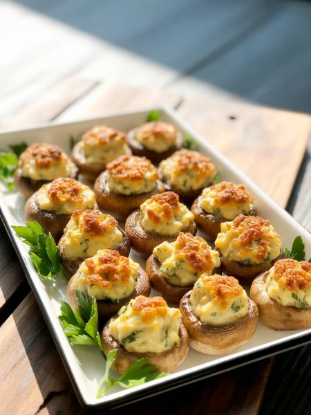 Platter of golden-brown stuffed mushrooms with crispy breadcrumb topping and herbs